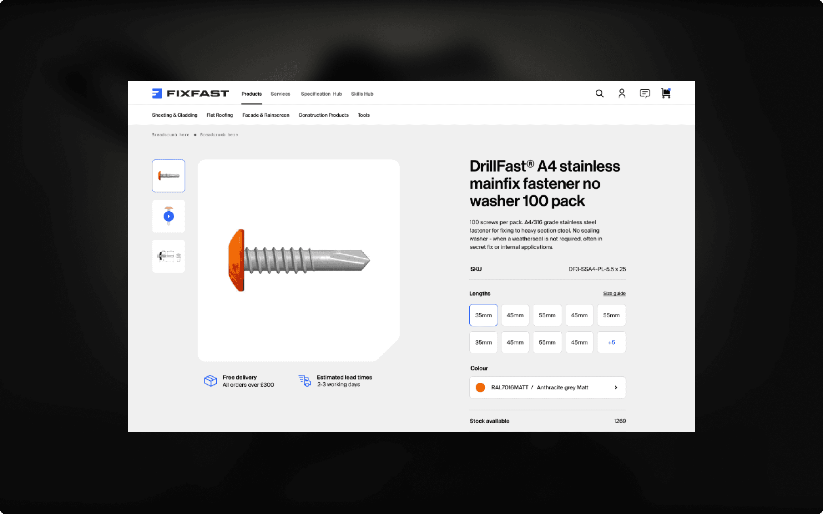 A product page from the FIXFAST website, website design by Unified. The page features the 'DrillFast® A4 stainless mainfix fastener no washer 100 pack', with an image of the screw and detailed specifications and purchasing options.