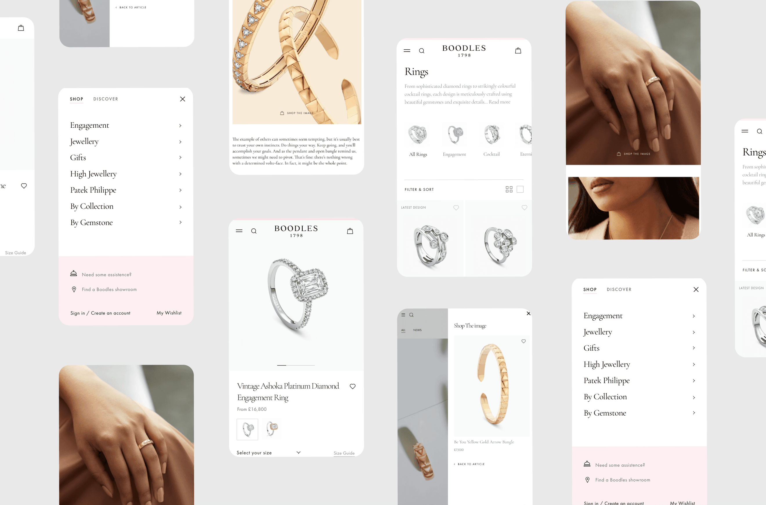 Mobile interface of the Boodles website, featuring web design by Unified, showing navigation menus and product pages for jewelry, including images of engagement rings and bracelets, detailed descriptions, and shopping options.