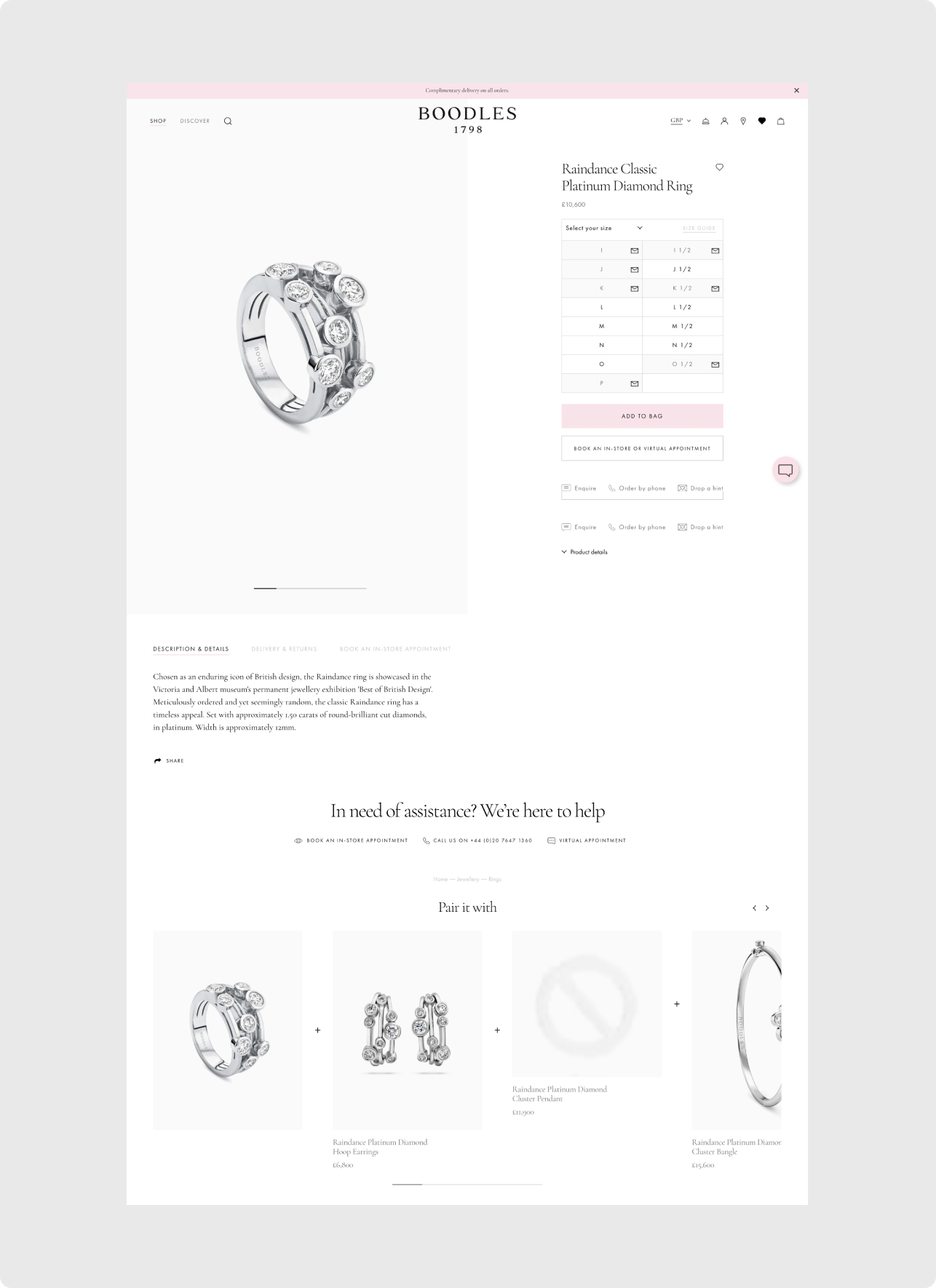 Boodles PDP showing ring size selector