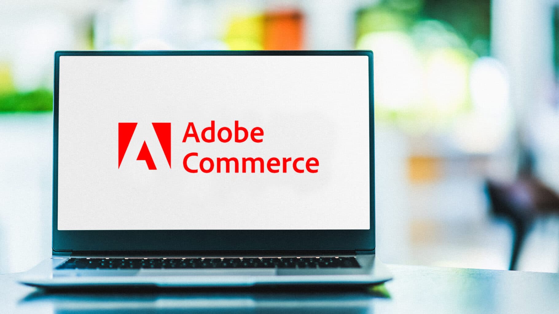 The Adobe Commerce logo on a laptop in a modern co-working space.