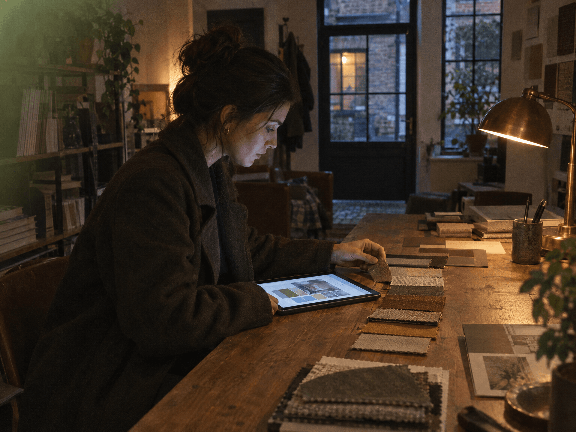 A woman in a dark wool coat sits at a worn wooden table in a dimly lit studio, looking at a tablet showing a palette of colour swatches. A row of fabric samples in greens, rust and ochre is laid out beside her under a brass desk lamp.