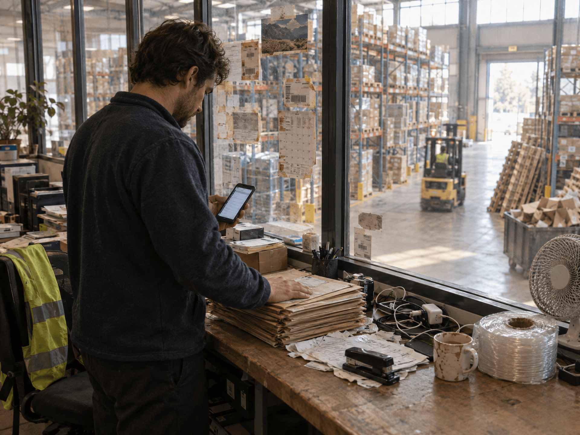 A warehouse worker stands at a cluttered workbench, checking his phone, with tall storage racks and a forklift visible through the windows behind him.