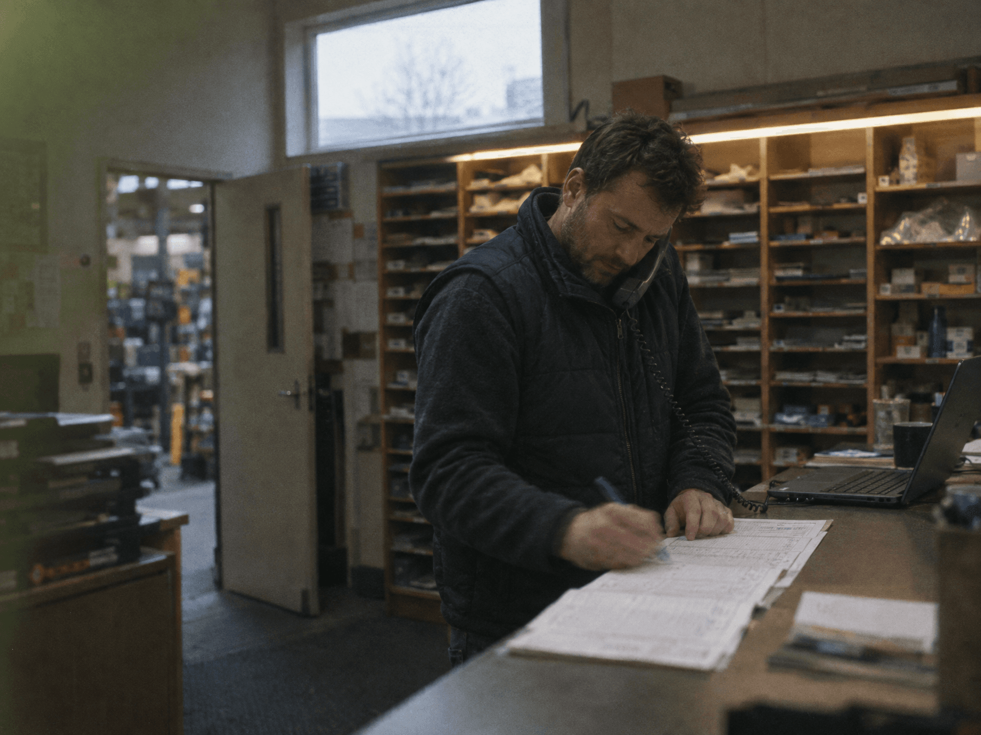 A man in a dark gilet stands at a trade counter with a phone handset held to his ear, writing on a stack of paper order forms. Warehouse shelving full of parts fills the wall behind him, with a laptop open to one side.