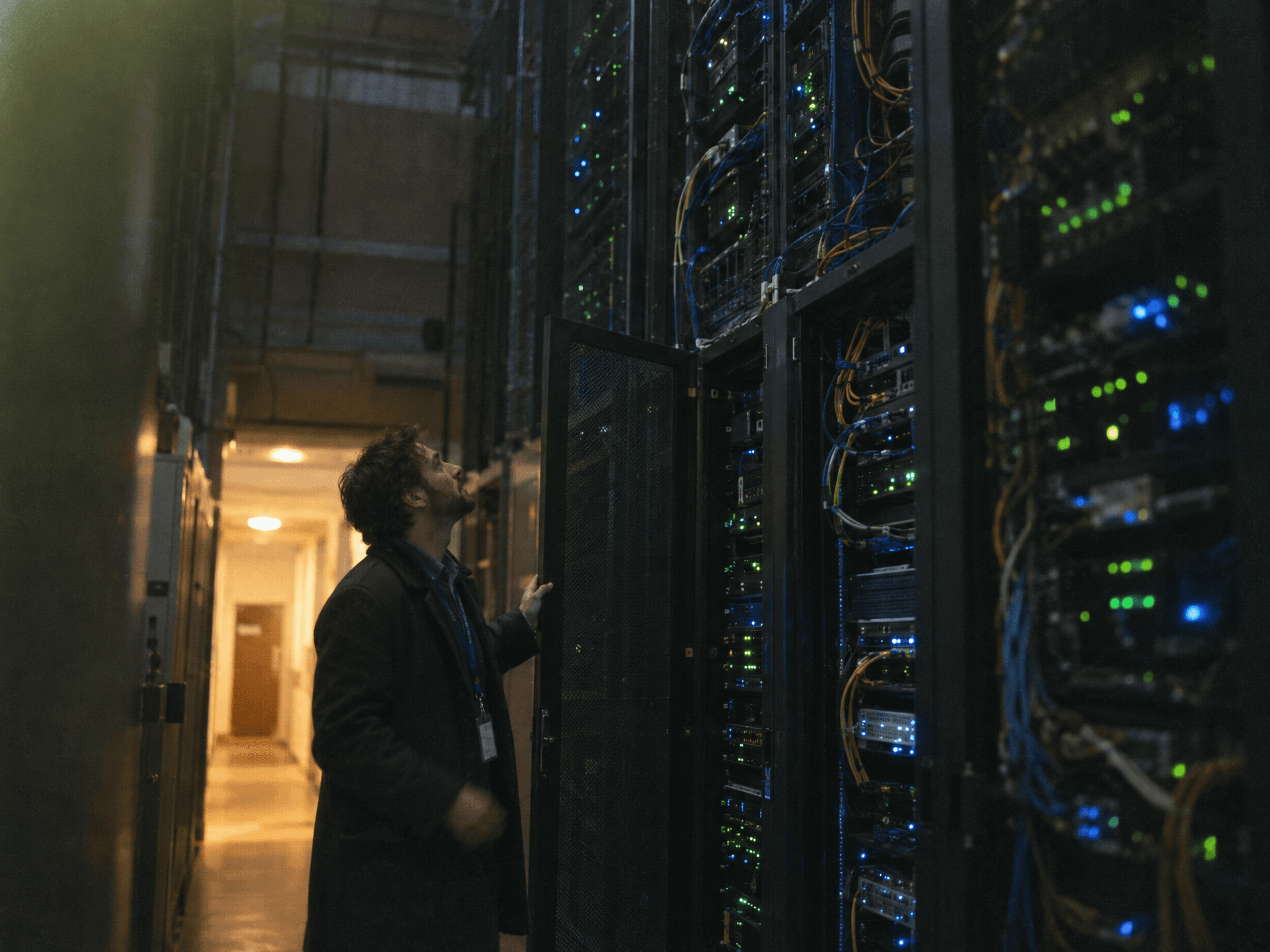 A man in a dark coat with a work lanyard stands in a server room, holding open a rack door and looking up at rows of servers strung with cables and blinking status lights. A warmly lit corridor stretches away behind him.