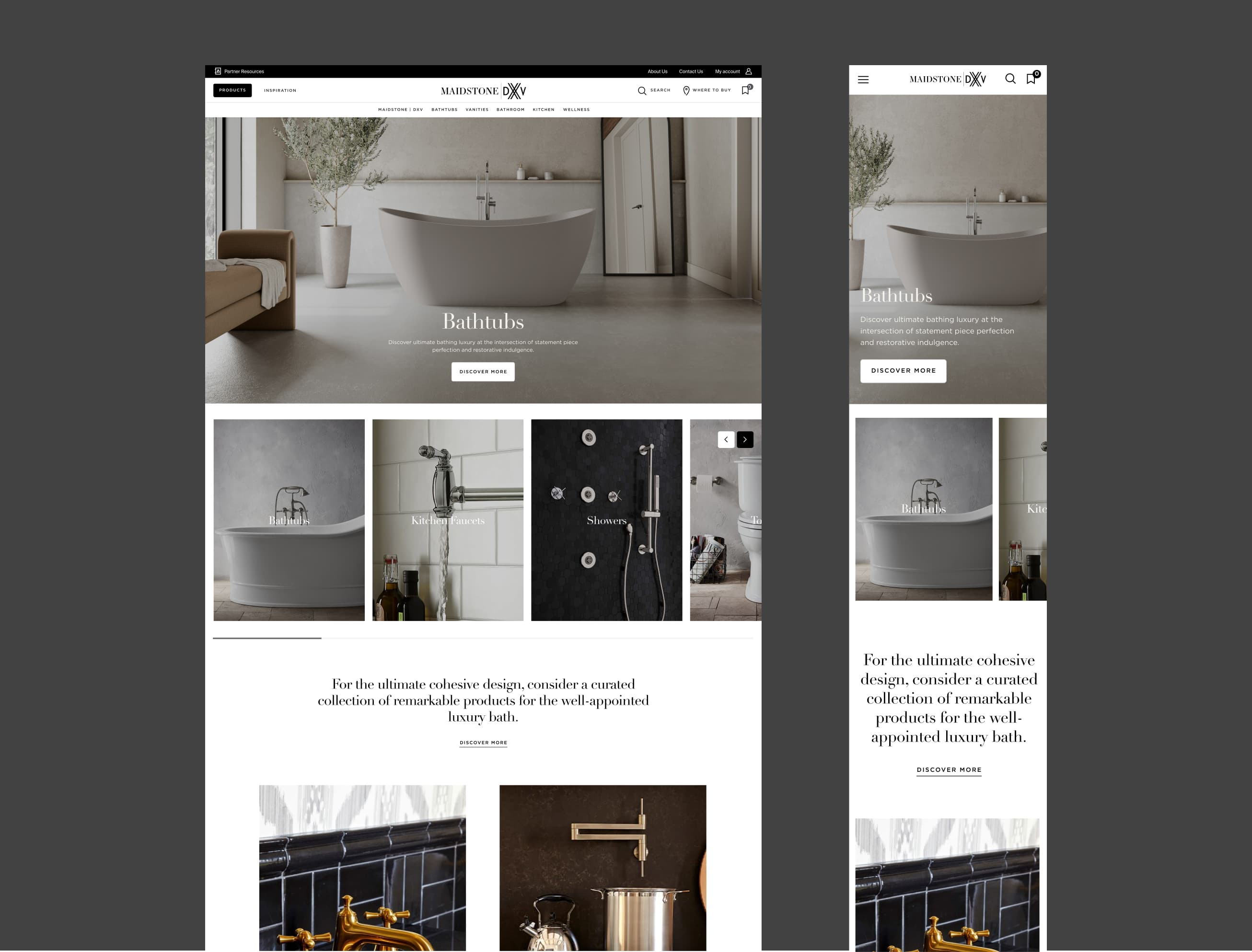 Modern bathroom website layout showcasing bathtubs, with high-quality images and featured descriptions for luxury bath products.