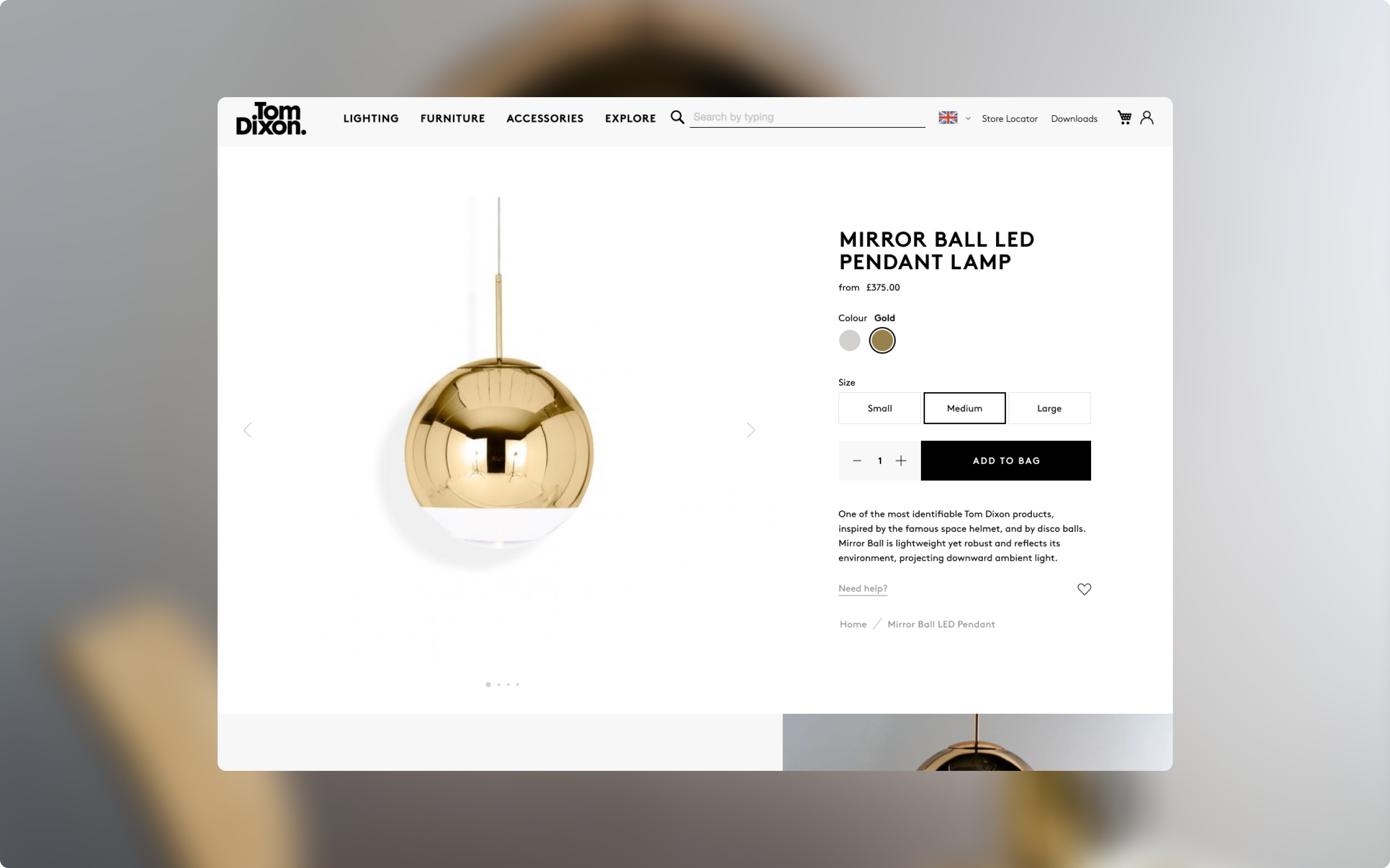 Tom Dixon Desktop Product Details page for mirror lamp