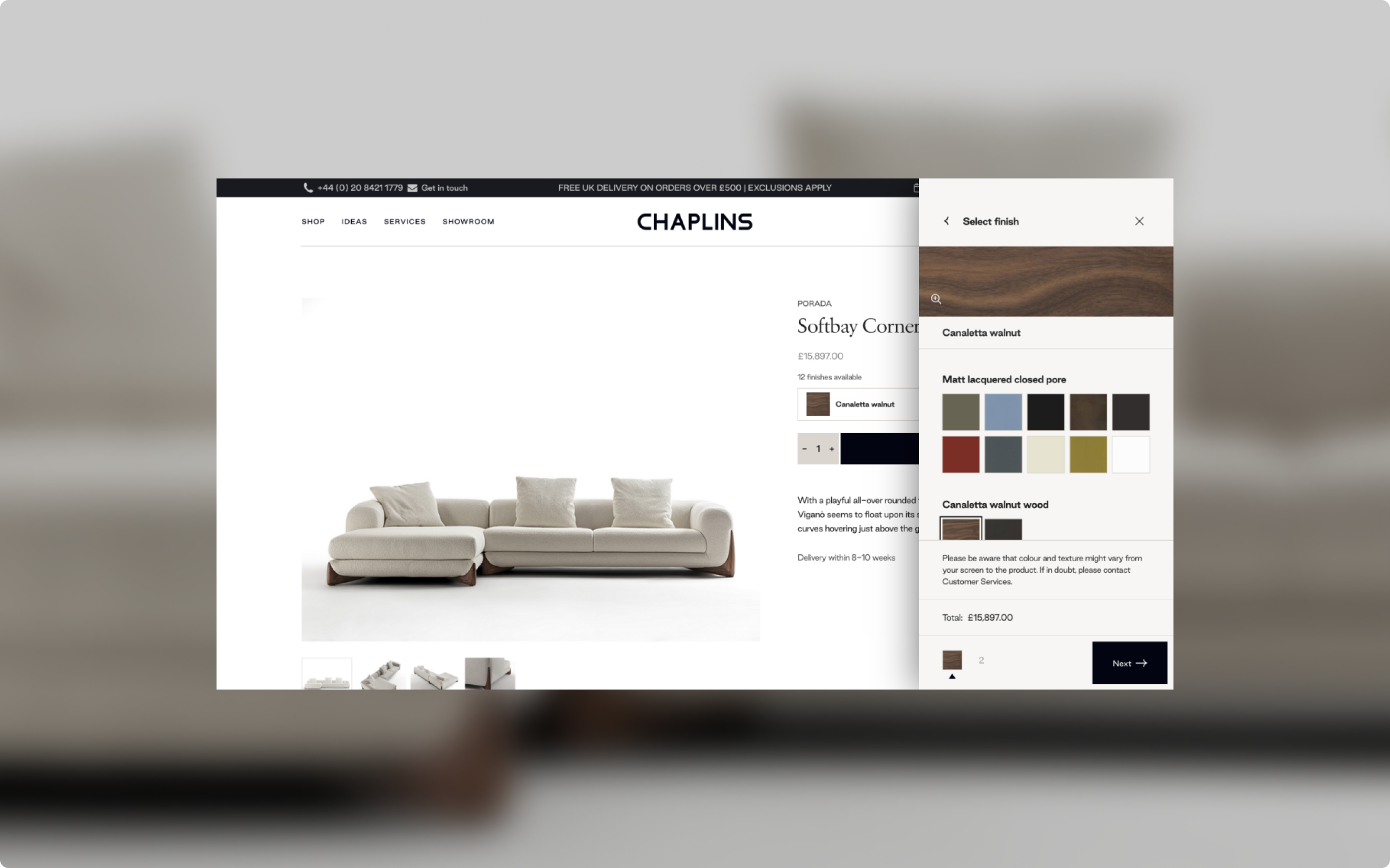 Chaplins configurator on desktop showing sofa options