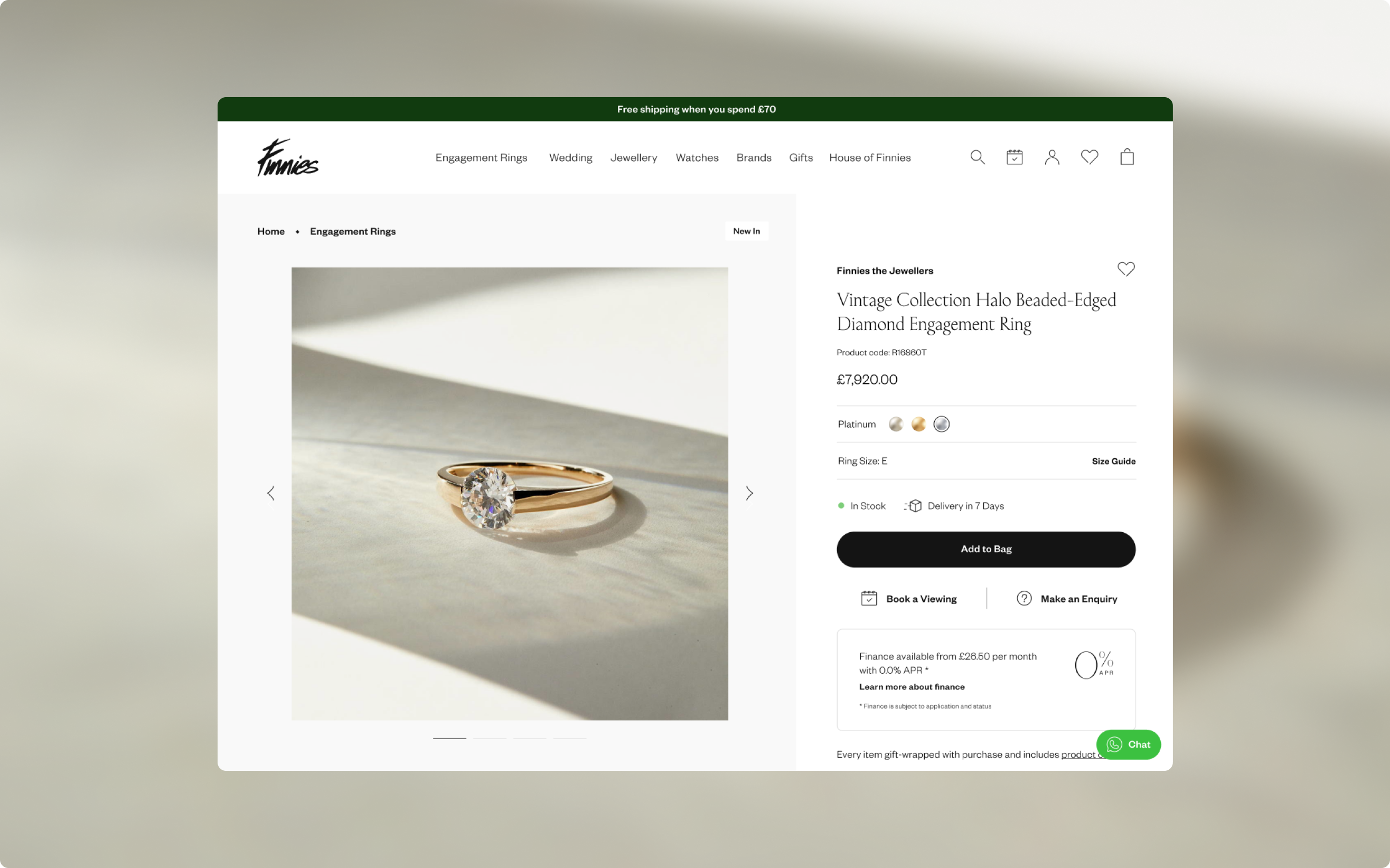 Finnies Product Detail page showing Diamond Engagement ring