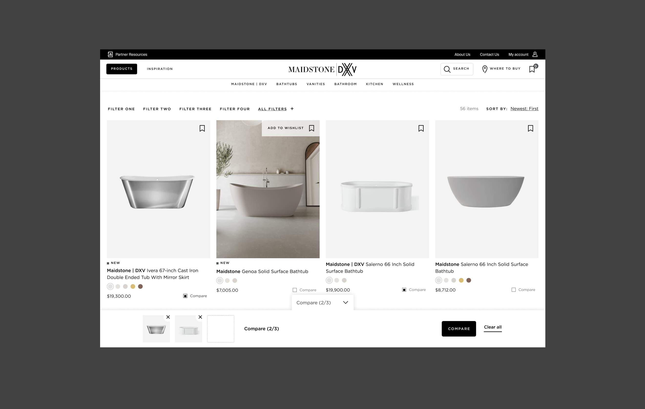 Online catalog page displaying various styles of bathtubs with prices and options for filters and sorting.