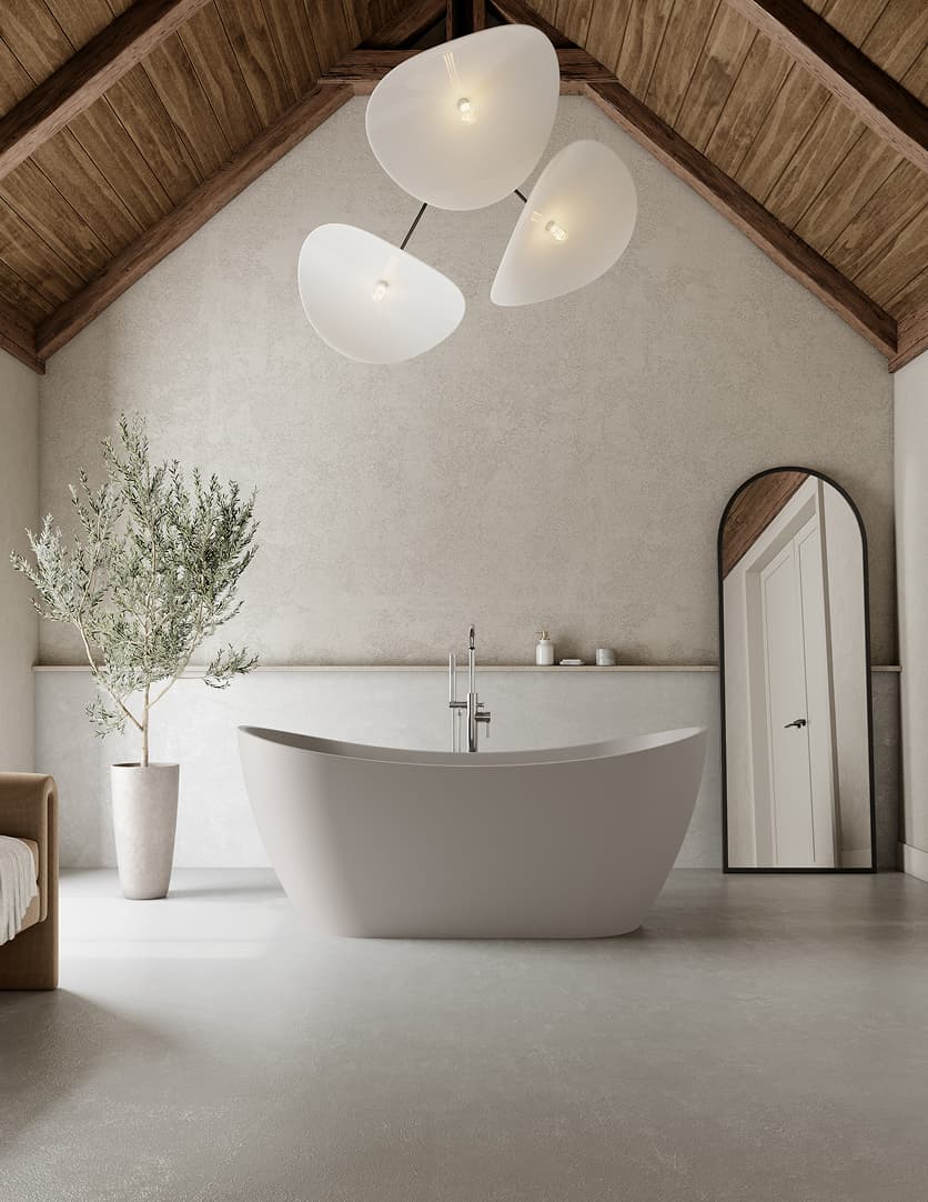 Elegant bathroom with a freestanding tub, modern chandelier, large mirror, potted plant, wooden ceiling, and neutral-toned walls and floor.